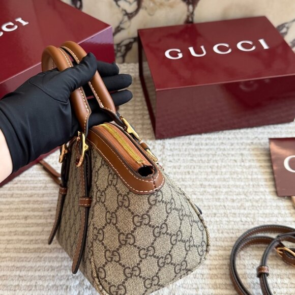 💖 GUCCI 💖 GG Canvas Mini Top Handle Bag Brown Leather Trim Gold Hardware - Picture 4 of 9